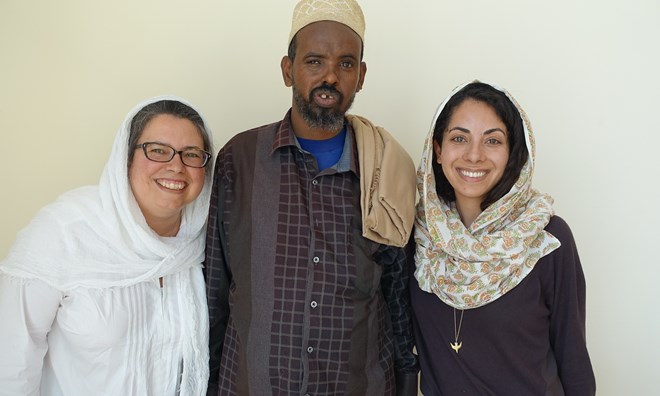 Farhan Warfaa with his attorneys. Warfaa is bringing a case against Yusuf Abdi Ali, who committed various crimes in Somaliland in the 1980s and currently resides in the US. Photograph: Center for Justice and Accountability