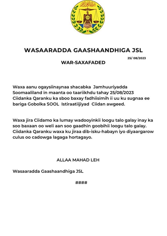Somaliland oo sheegtay in ciidankeedu uu amar xukuumadeed kaga soo baxay Goojacadde