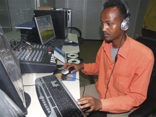 Hassan Yusuf monitors a computer in the control room during a live broadcast of the Somali government run radio Mogadishu, Monday, March 1, 2010. Al-Shabab, which controls most of southern Somalia and even most of the capital Mogadishu, is using the Internet and radio stations in an intensive campaign to discredit the embattled government, get its jihadist message out, attract more recruits at home and abroad and win over ordinary Somalis. For its part, the government has not wanted to be left behind in the propaganda war. In October it upgraded its Radio Mogadishu, changing antiquated equipment that had limited broadcast range.