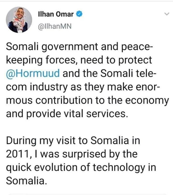 Ilhaan Omar oo ka hadashay burburintii shirkadda Isgaarsiinta Hormuud