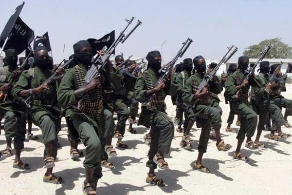 Al-Shabaab fighters undergoing training at a camp in southern Somalia.